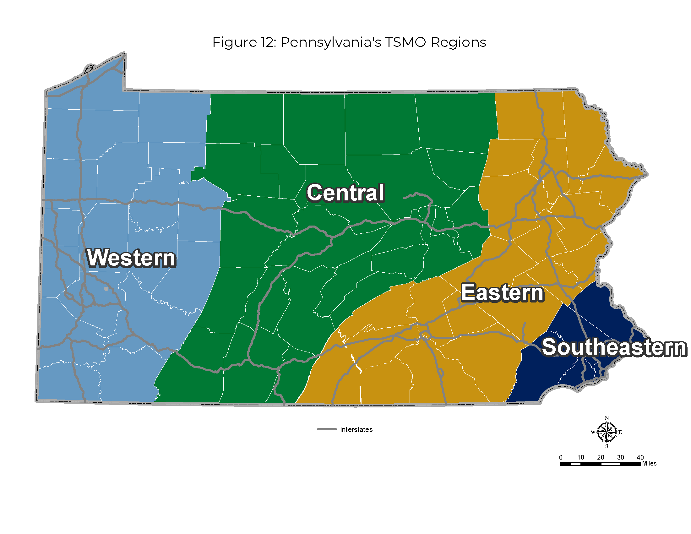 A state map of Pennsylvania illustrating the four Transportation Systems Management and Operation regions of Western, Central, Eastern, and Southeastern.